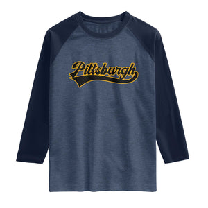 Vintage Pittsburgh Raglan Shirt Varsity Script Retro Sports Jersey Style Baseball Fans TS10 Heather Denim Navy Print Your Wear