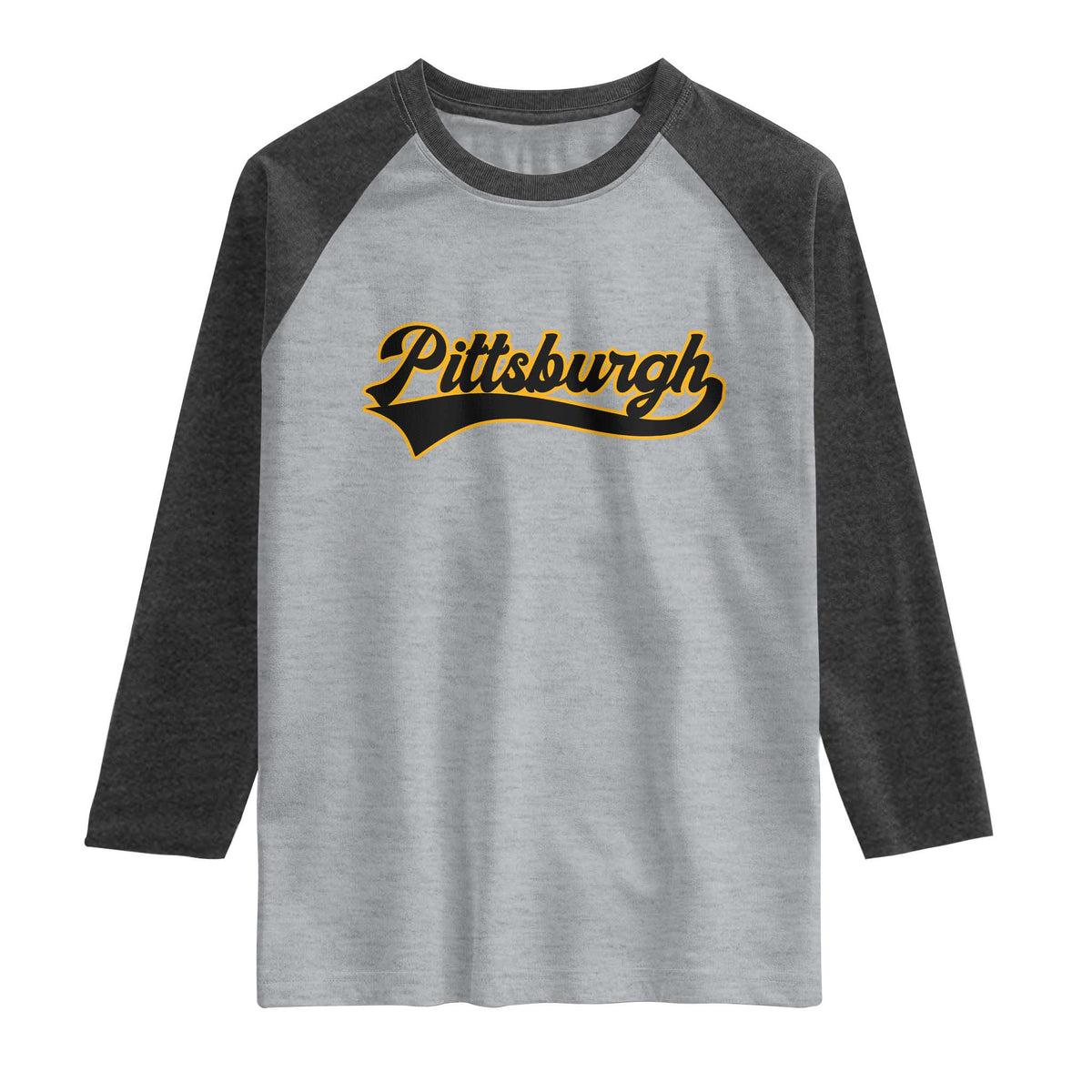 Vintage Pittsburgh Raglan Shirt Varsity Script Retro Sports Jersey Style Baseball Fans TS10 Heather Gray Heather Charcoal Print Your Wear