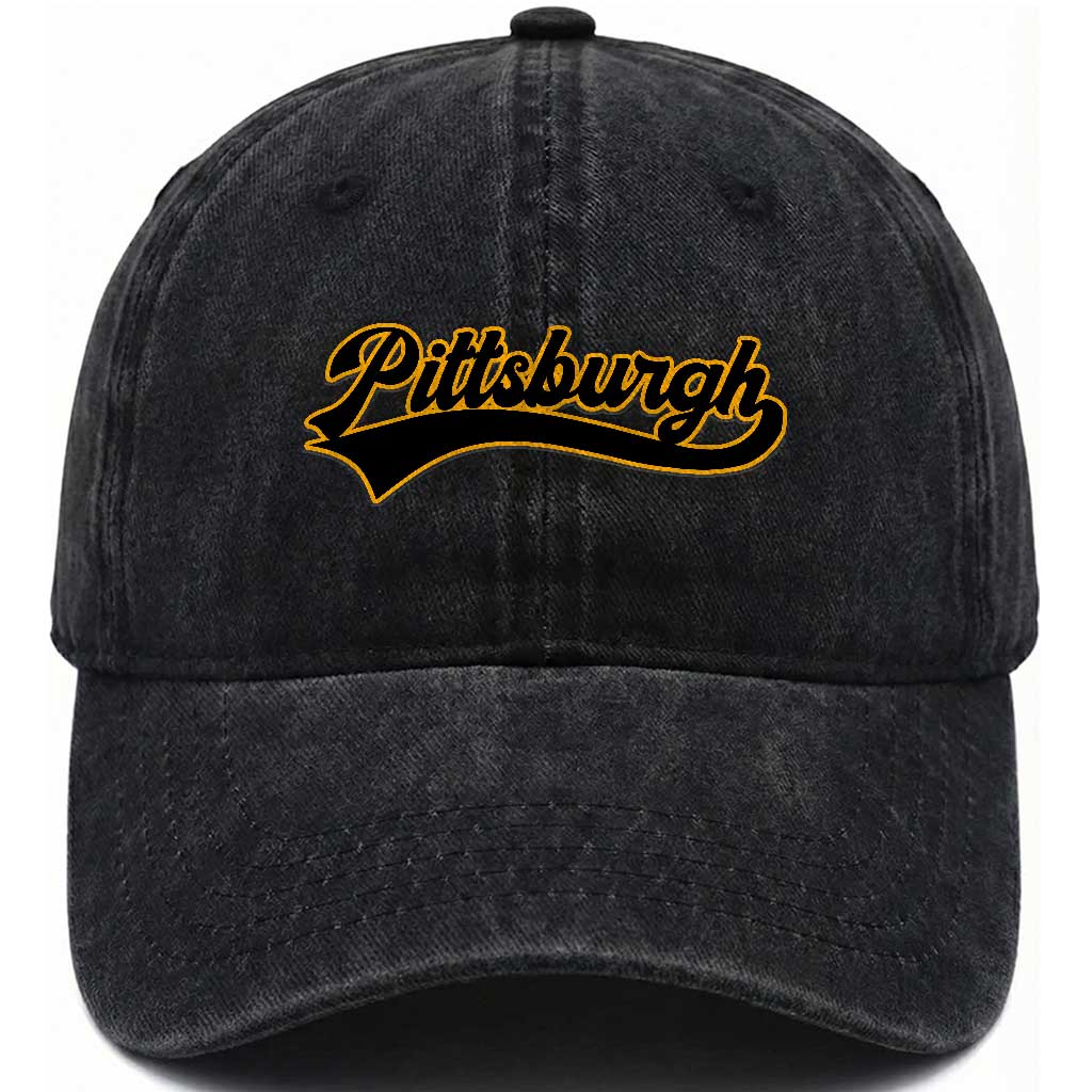 Vintage Pittsburgh Washed Cotton Baseball Cap Varsity Script Retro Sports Jersey Style Baseball Fans TS10 Print Your Wear
