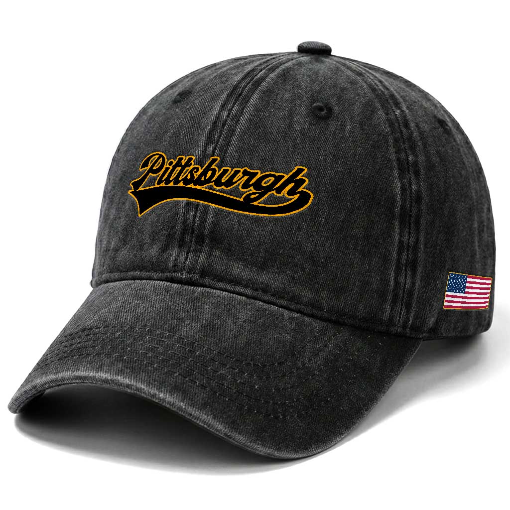 Vintage Pittsburgh Washed Cotton Baseball Cap Varsity Script Retro Sports Jersey Style Baseball Fans TS10 Print Your Wear