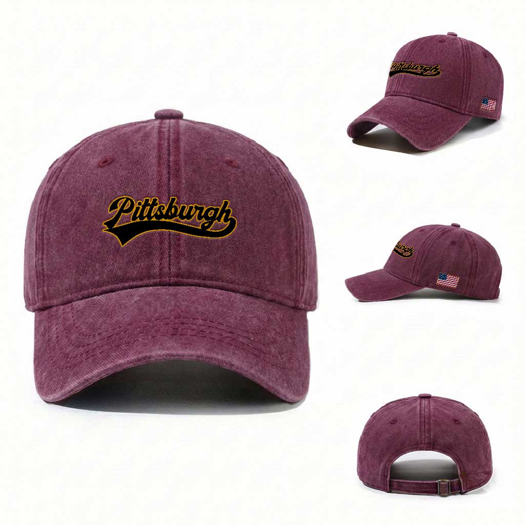 Vintage Pittsburgh Washed Cotton Baseball Cap Varsity Script Retro Sports Jersey Style Baseball Fans TS10 Washed Cap Universal Fit Burgundy Print Your Wear