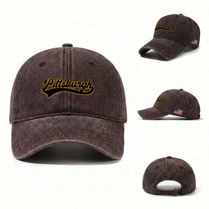Vintage Pittsburgh Washed Cotton Baseball Cap Varsity Script Retro Sports Jersey Style Baseball Fans TS10 Washed Cap Universal Fit Dark Brown Print Your Wear