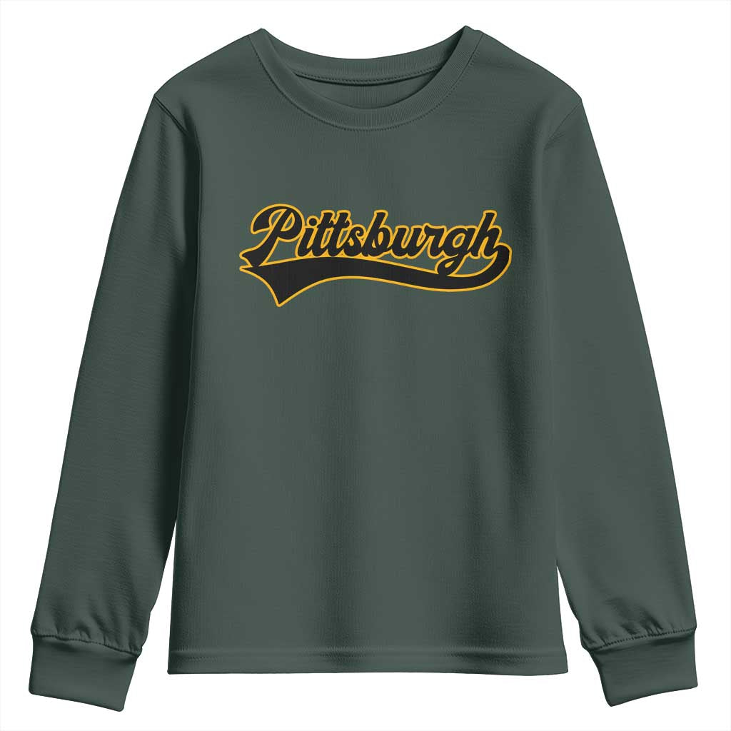 Vintage Pittsburgh Youth Sweatshirt Varsity Script Retro Sports Jersey Style Baseball Fans TS10 Dark Forest Green Print Your Wear