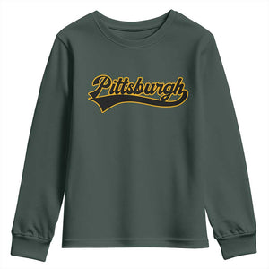 Vintage Pittsburgh Youth Sweatshirt Varsity Script Retro Sports Jersey Style Baseball Fans TS10 Dark Forest Green Print Your Wear
