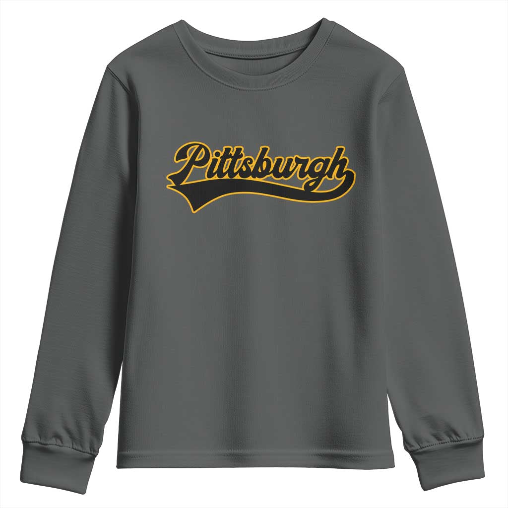 Vintage Pittsburgh Youth Sweatshirt Varsity Script Retro Sports Jersey Style Baseball Fans TS10 Dark Heather Print Your Wear