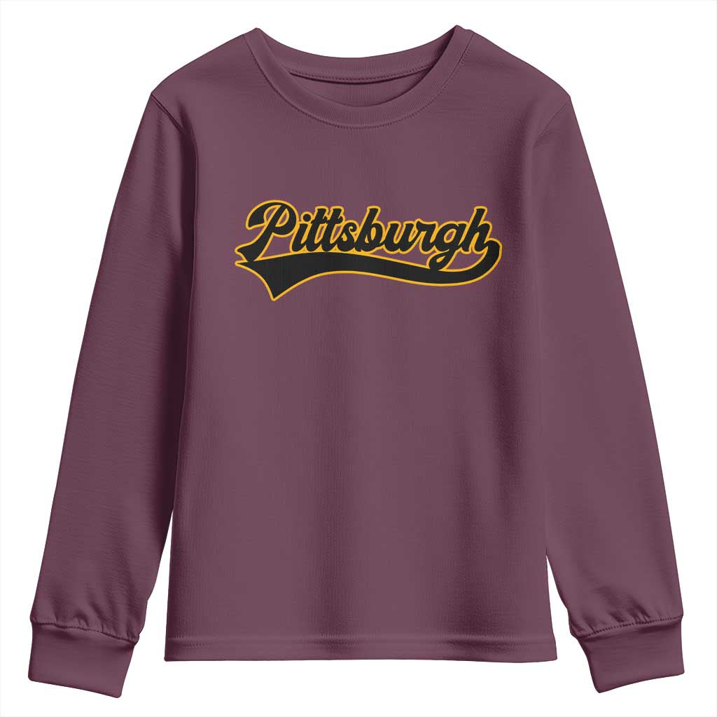 Vintage Pittsburgh Youth Sweatshirt Varsity Script Retro Sports Jersey Style Baseball Fans TS10 Maroon Print Your Wear