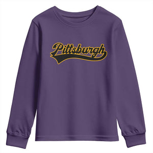 Vintage Pittsburgh Youth Sweatshirt Varsity Script Retro Sports Jersey Style Baseball Fans TS10 Purple Print Your Wear