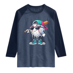 Baseball Life Style Raglan Shirt Youth Drip Baseball Boys Kid TS10 Heather Denim Navy Print Your Wear