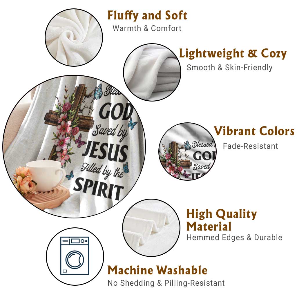 Blessed By God Saved By Jesus Throw Blanket Floral Cross Christian Faith Inspirational TS10 Print Your Wear