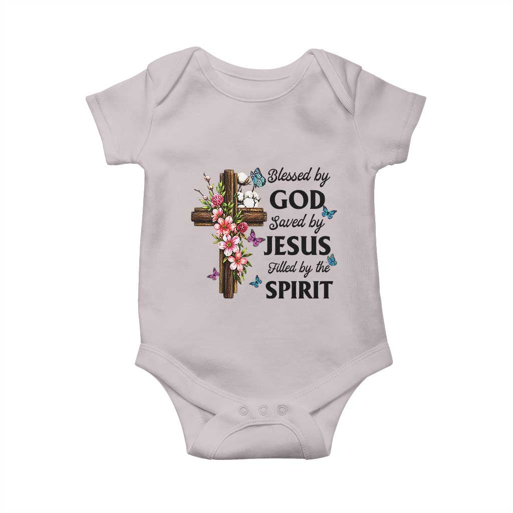Blessed By God Saved By Jesus Baby Onesie Floral Cross Christian Faith Inspirational TS10 Ice Gray Print Your Wear