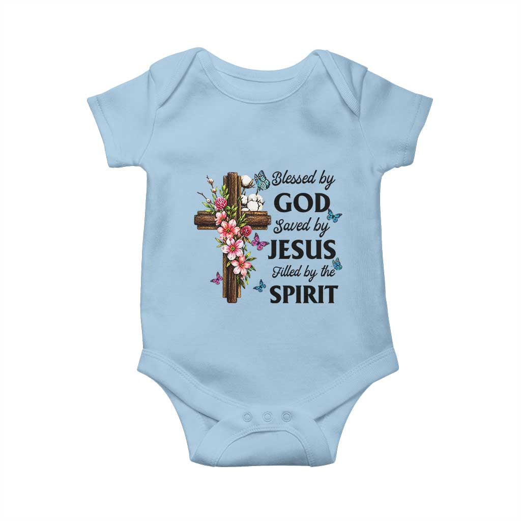 Blessed By God Saved By Jesus Baby Onesie Floral Cross Christian Faith Inspirational TS10 Light Blue Print Your Wear