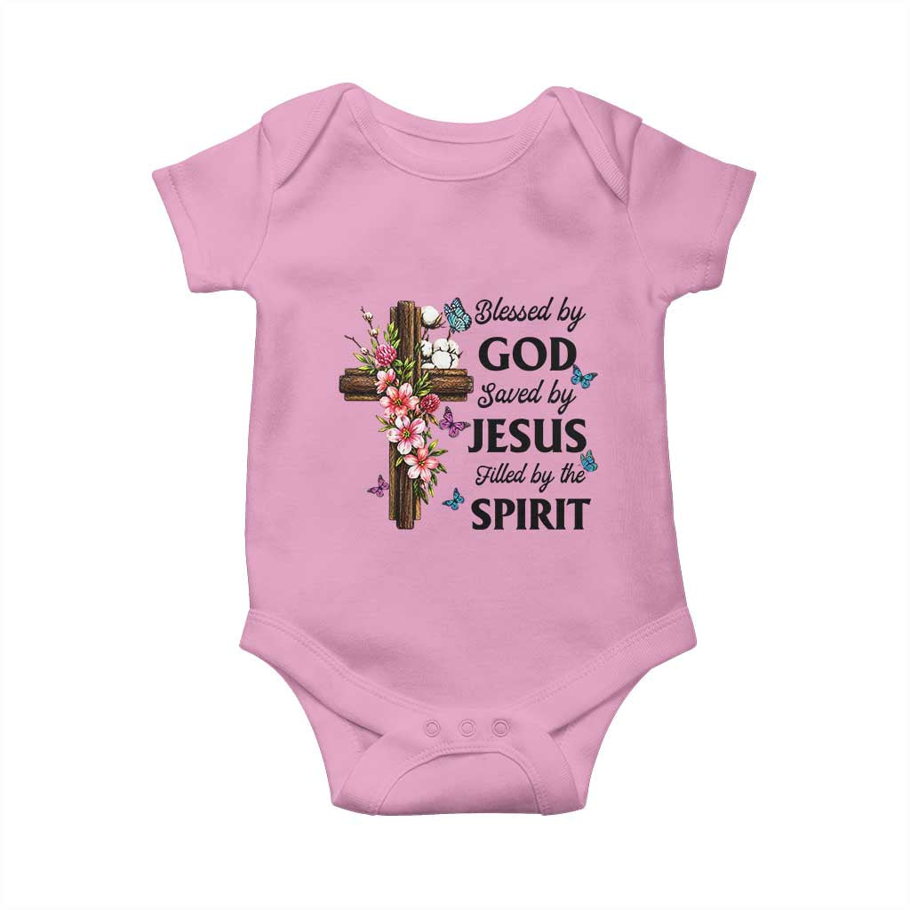 Blessed By God Saved By Jesus Baby Onesie Floral Cross Christian Faith Inspirational TS10 Light Pink Print Your Wear