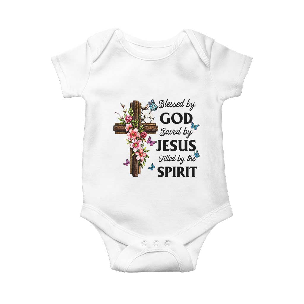 Blessed By God Saved By Jesus Baby Onesie Floral Cross Christian Faith Inspirational TS10 White Print Your Wear