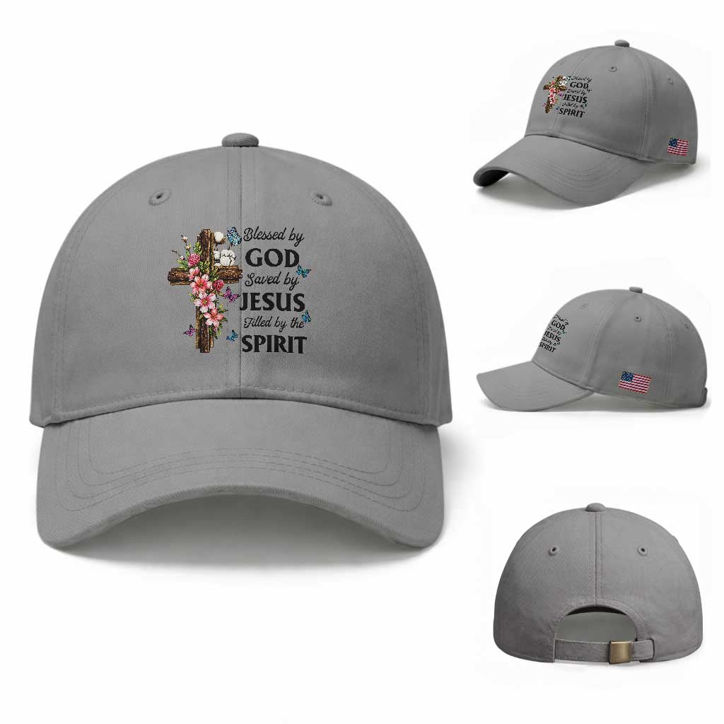 Blessed By God Saved By Jesus Baseball Cap Floral Cross Christian Faith Inspirational TS10 Baseball Cap Universal Fit Sport Gray Print Your Wear