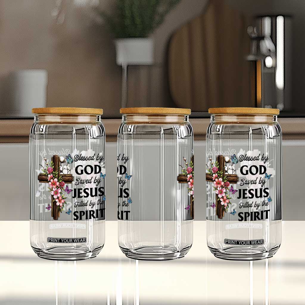 Blessed By God Saved By Jesus Glass Can Floral Cross Christian Faith Inspirational TS10 Print Your Wear