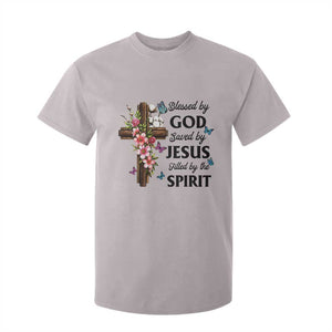 Blessed By God Saved By Jesus T Shirt For Kid Floral Cross Christian Faith Inspirational TS10 Ice Gray Print Your Wear