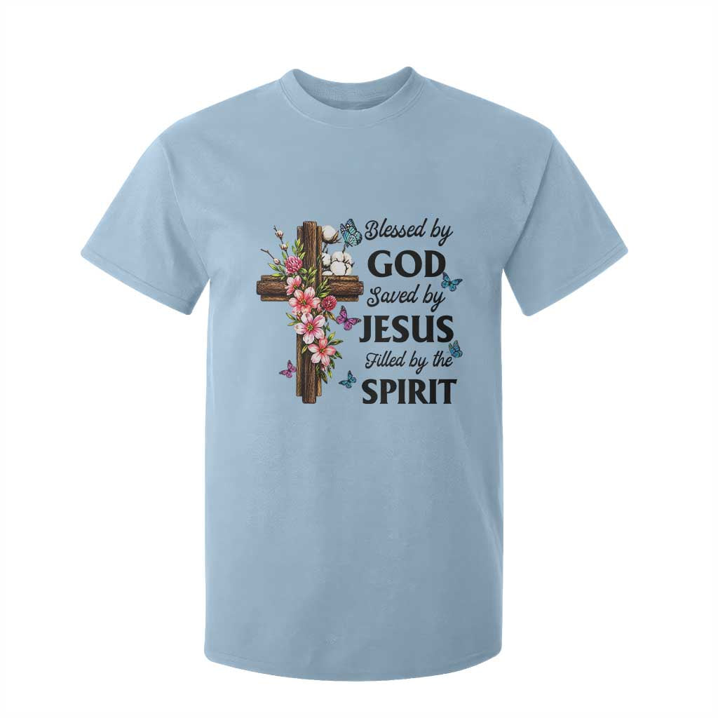 Blessed By God Saved By Jesus T Shirt For Kid Floral Cross Christian Faith Inspirational TS10 Light Blue Print Your Wear