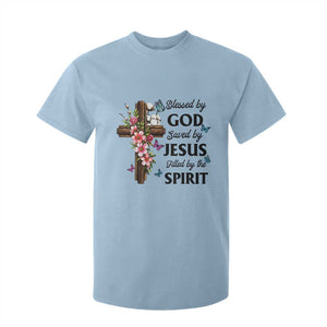 Blessed By God Saved By Jesus T Shirt For Kid Floral Cross Christian Faith Inspirational TS10 Light Blue Print Your Wear