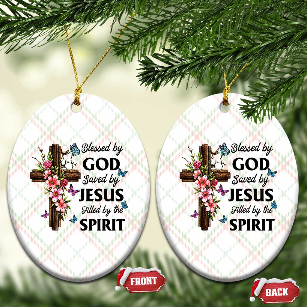 Blessed By God Saved By Jesus Ceramic Ornament Floral Cross Christian Faith Inspirational TS10 Print Your Wear