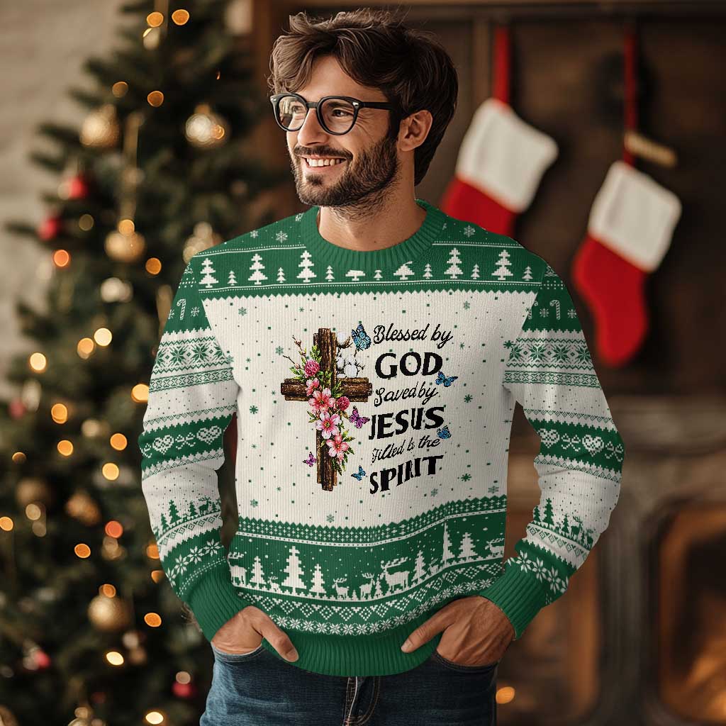 Blessed By God Saved By Jesus Ugly Christmas Sweater Floral Cross Christian Faith Inspirational TS10 Beige Green Print Your Wear