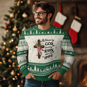 Blessed By God Saved By Jesus Ugly Christmas Sweater Floral Cross Christian Faith Inspirational TS10 Beige Green Print Your Wear