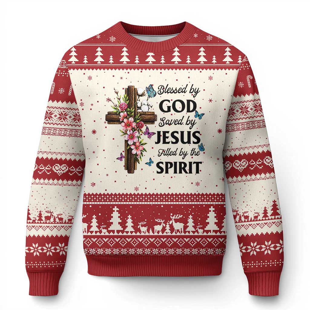 Blessed By God Saved By Jesus Ugly Christmas Sweater Floral Cross Christian Faith Inspirational TS10 Beige Red Print Your Wear