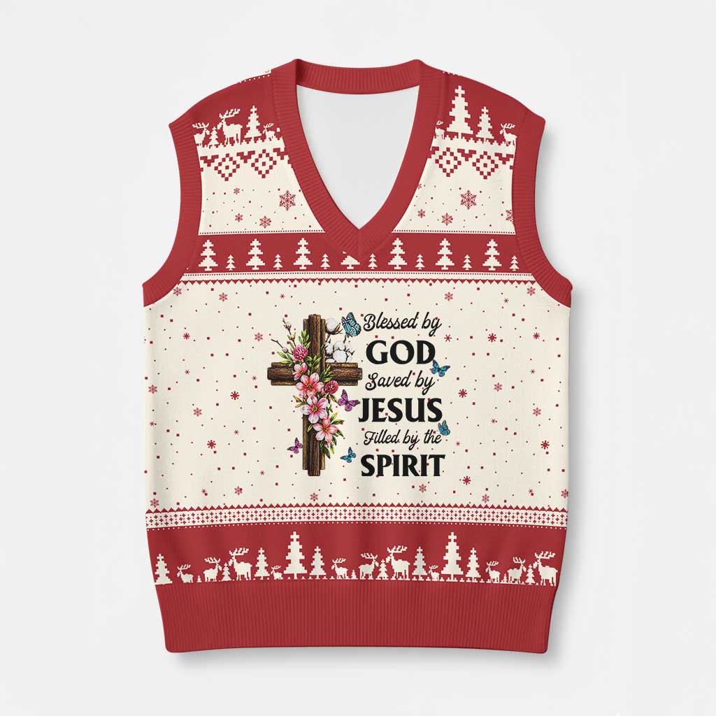 Blessed By God Saved By Jesus V-Neck Knit Sweater Vest Floral Cross Christian Faith Inspirational TS10 Beige Red Print Your Wear