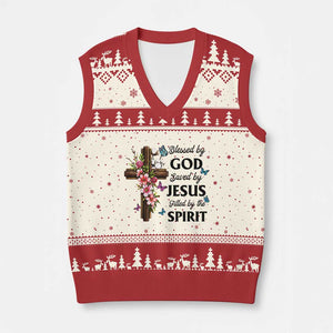 Blessed By God Saved By Jesus V-Neck Knit Sweater Vest Floral Cross Christian Faith Inspirational TS10 Beige Red Print Your Wear