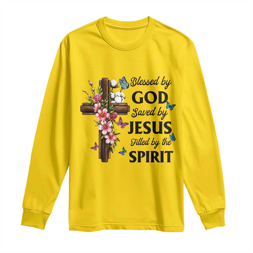 Blessed By God Saved By Jesus Long Sleeve Shirt Floral Cross Christian Faith Inspirational TS10 Daisy Print Your Wear