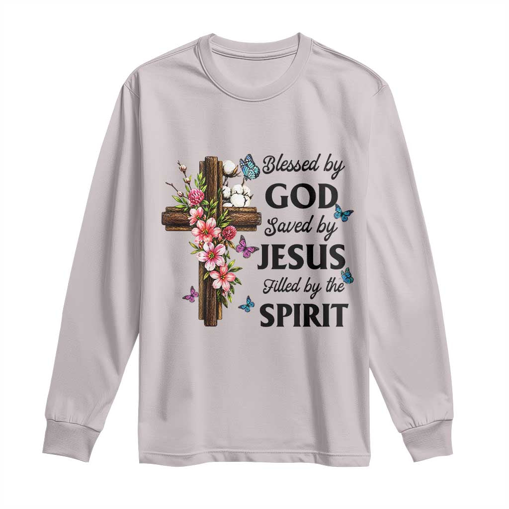 Blessed By God Saved By Jesus Long Sleeve Shirt Floral Cross Christian Faith Inspirational TS10 Ice Gray Print Your Wear