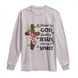 Blessed By God Saved By Jesus Long Sleeve Shirt Floral Cross Christian Faith Inspirational TS10 Ice Gray Print Your Wear