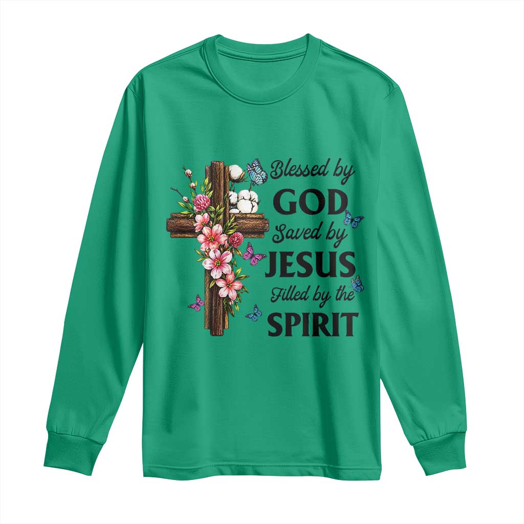 Blessed By God Saved By Jesus Long Sleeve Shirt Floral Cross Christian Faith Inspirational TS10 Irish Green Print Your Wear