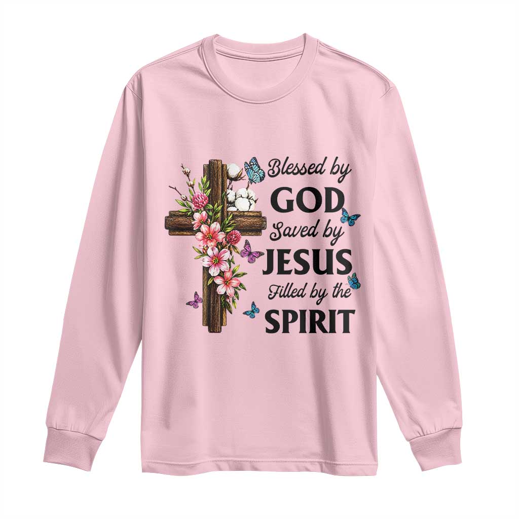 Blessed By God Saved By Jesus Long Sleeve Shirt Floral Cross Christian Faith Inspirational TS10 Light Pink Print Your Wear
