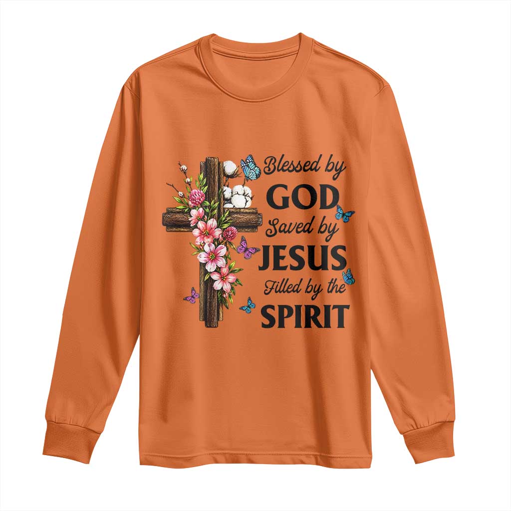 Blessed By God Saved By Jesus Long Sleeve Shirt Floral Cross Christian Faith Inspirational TS10 Orange Print Your Wear