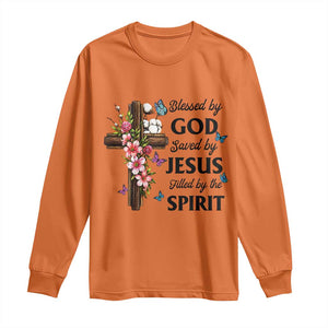 Blessed By God Saved By Jesus Long Sleeve Shirt Floral Cross Christian Faith Inspirational TS10 Orange Print Your Wear