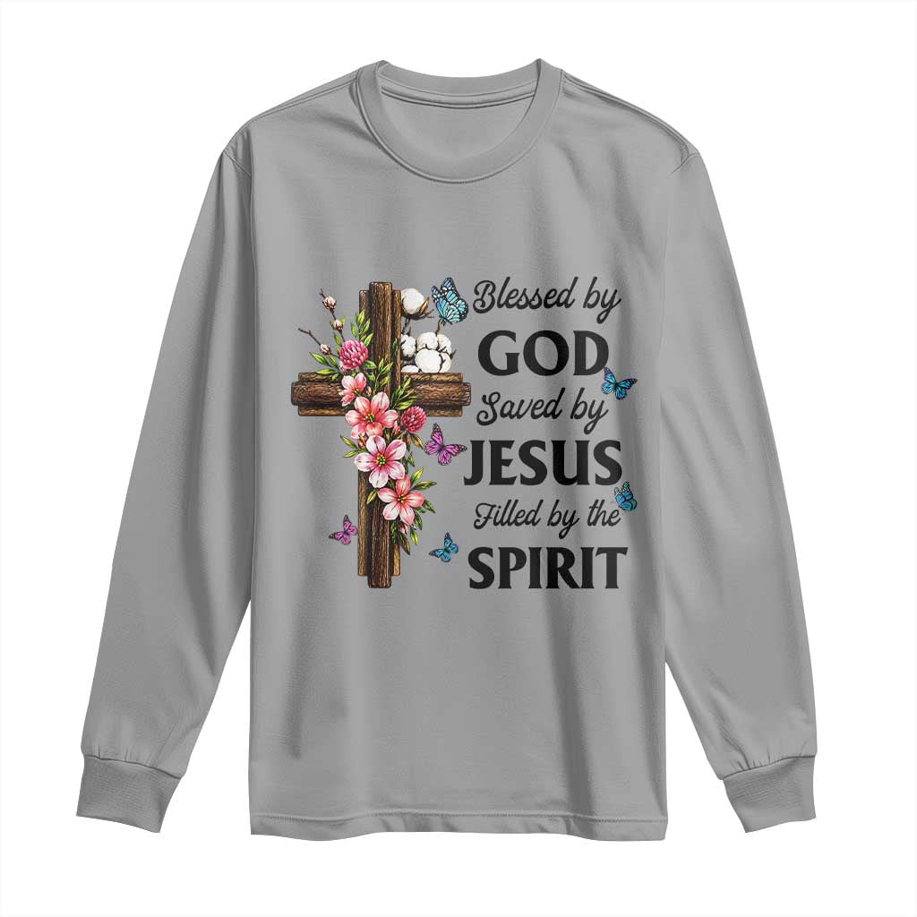 Blessed By God Saved By Jesus Long Sleeve Shirt Floral Cross Christian Faith Inspirational TS10 Sport Gray Print Your Wear