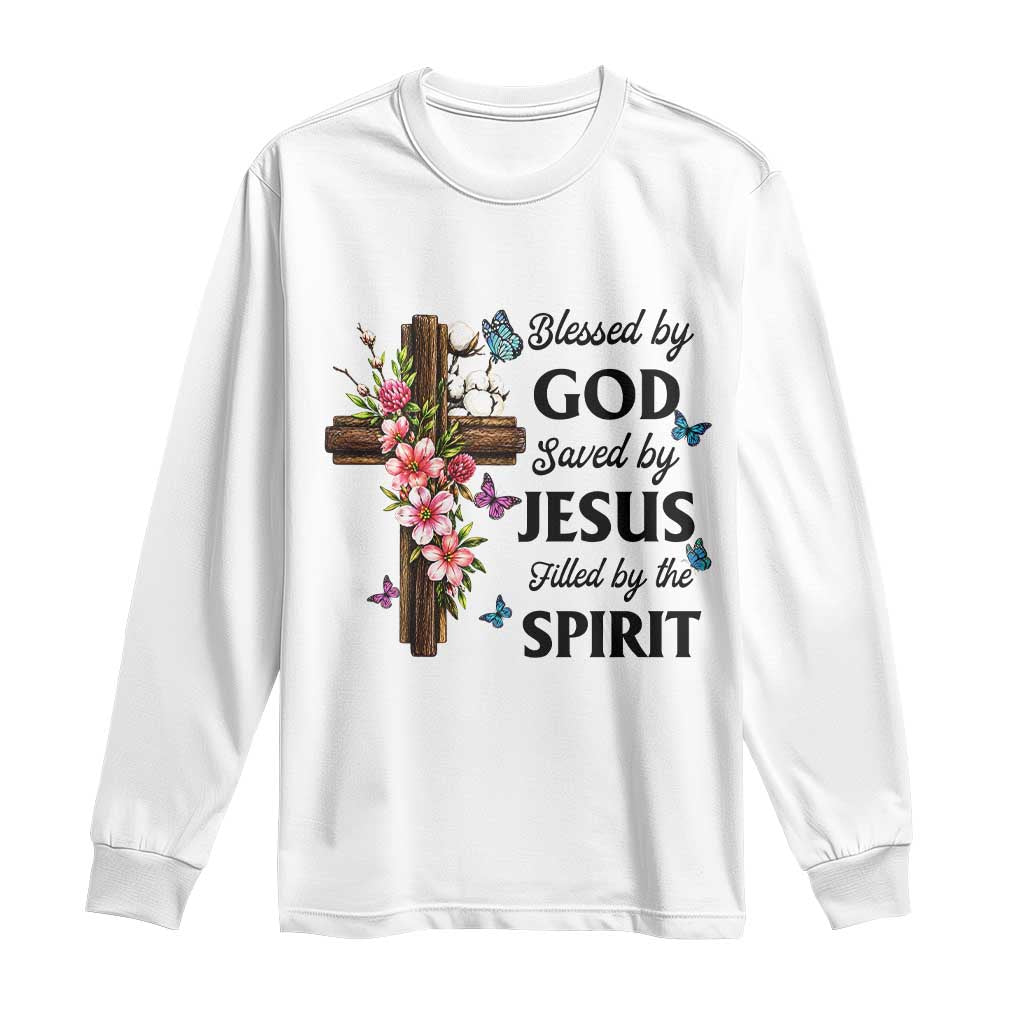 Blessed By God Saved By Jesus Long Sleeve Shirt Floral Cross Christian Faith Inspirational TS10 White Print Your Wear