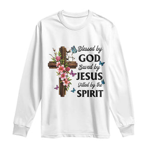 Blessed By God Saved By Jesus Long Sleeve Shirt Floral Cross Christian Faith Inspirational TS10 White Print Your Wear