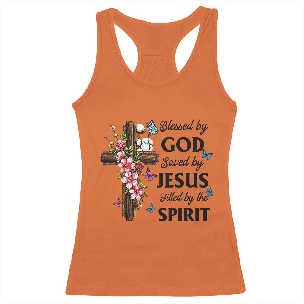 Blessed By God Saved By Jesus Racerback Tank Top Floral Cross Christian Faith Inspirational TS10 Orange Print Your Wear
