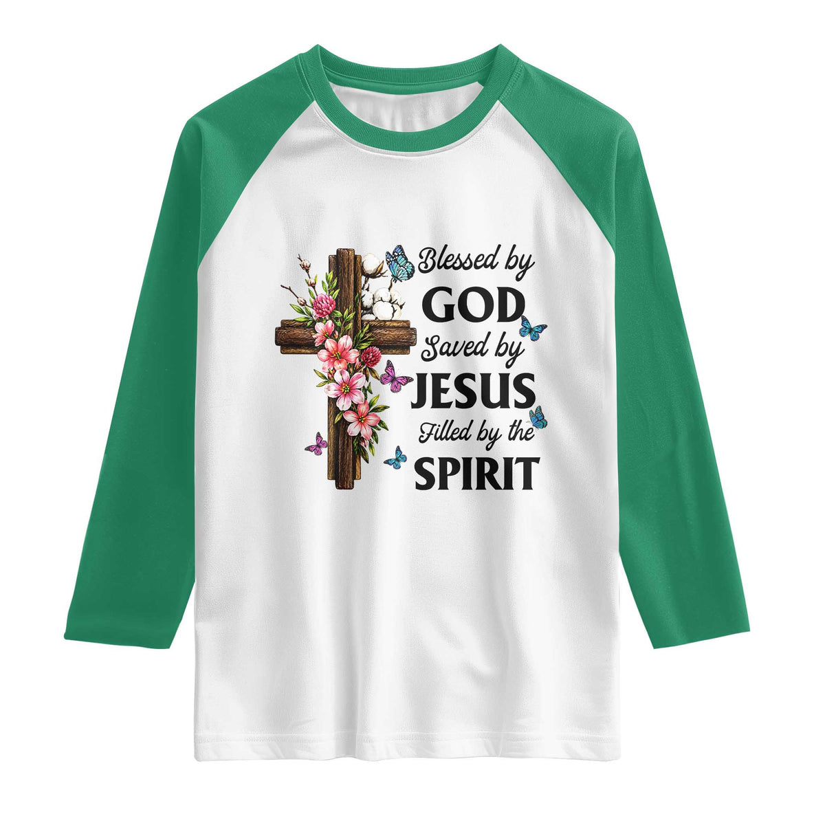 Blessed By God Saved By Jesus Raglan Shirt Floral Cross Christian Faith Inspirational TS10 White Kelly Green Print Your Wear