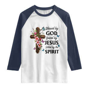 Blessed By God Saved By Jesus Raglan Shirt Floral Cross Christian Faith Inspirational TS10 White Navy Print Your Wear