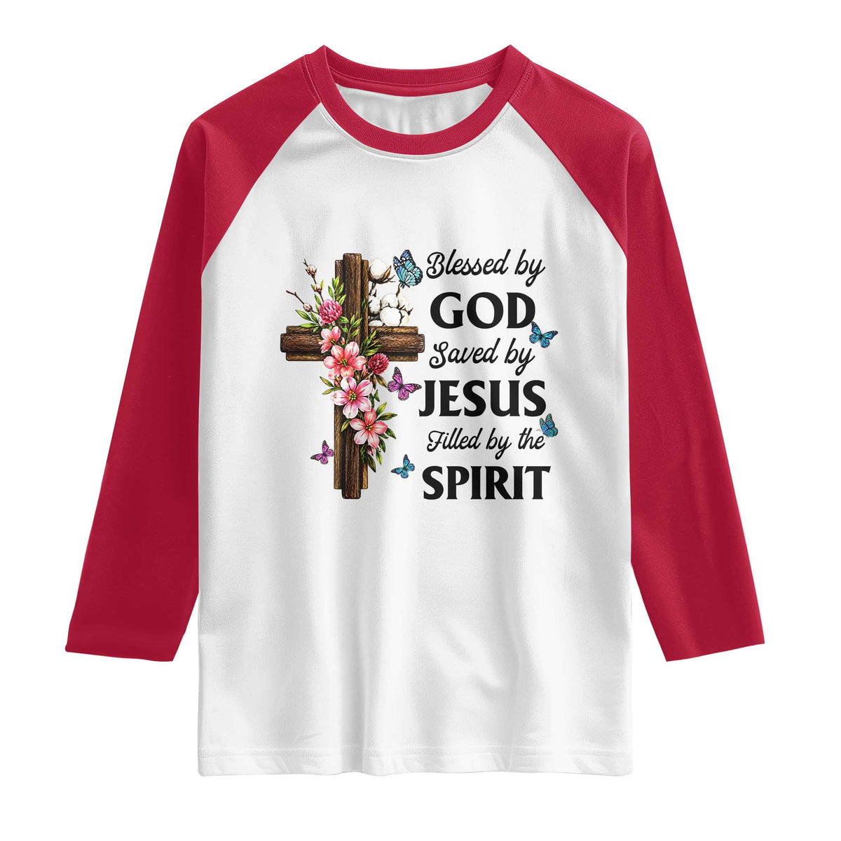 Blessed By God Saved By Jesus Raglan Shirt Floral Cross Christian Faith Inspirational TS10 White Red Print Your Wear