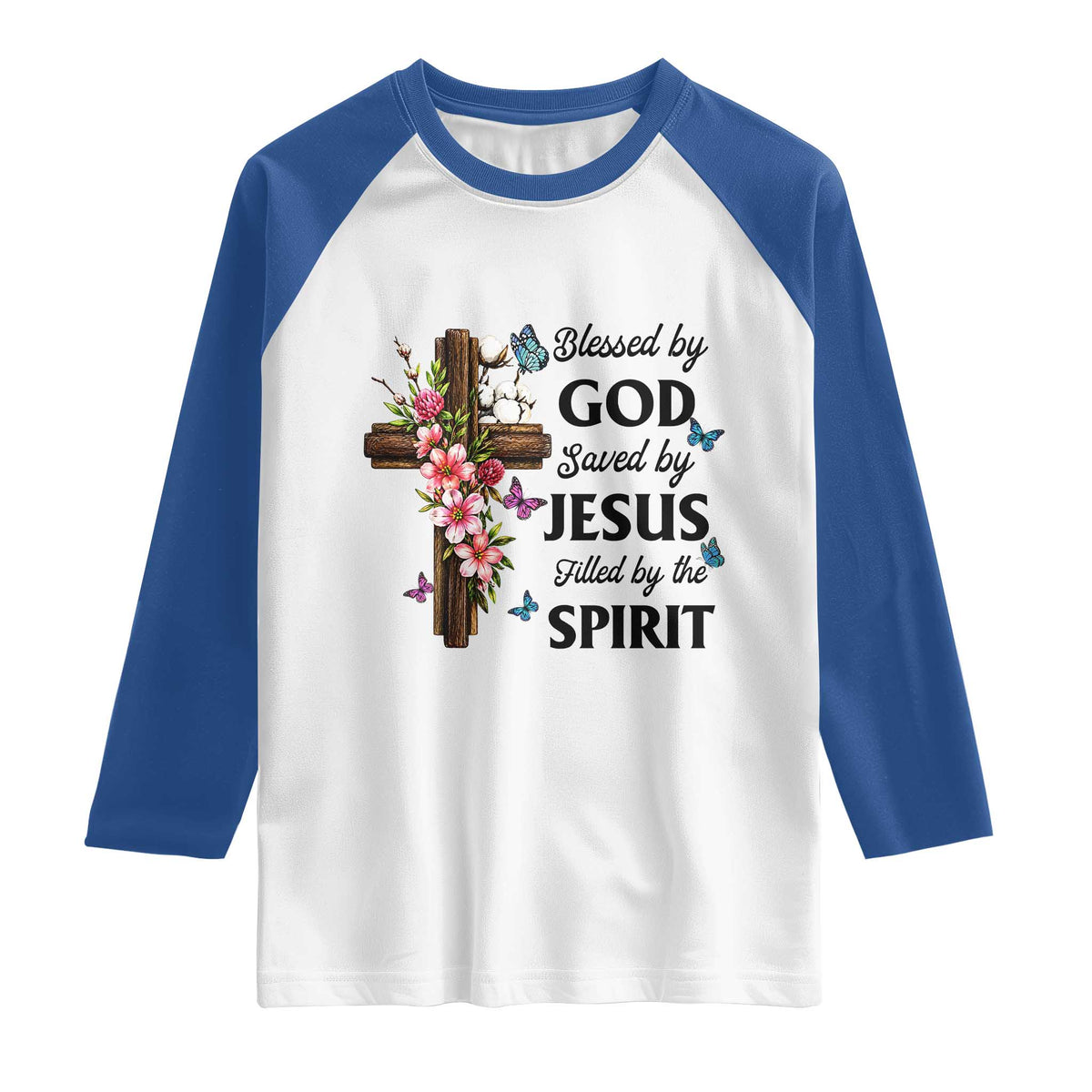 Blessed By God Saved By Jesus Raglan Shirt Floral Cross Christian Faith Inspirational TS10 White Royal Print Your Wear