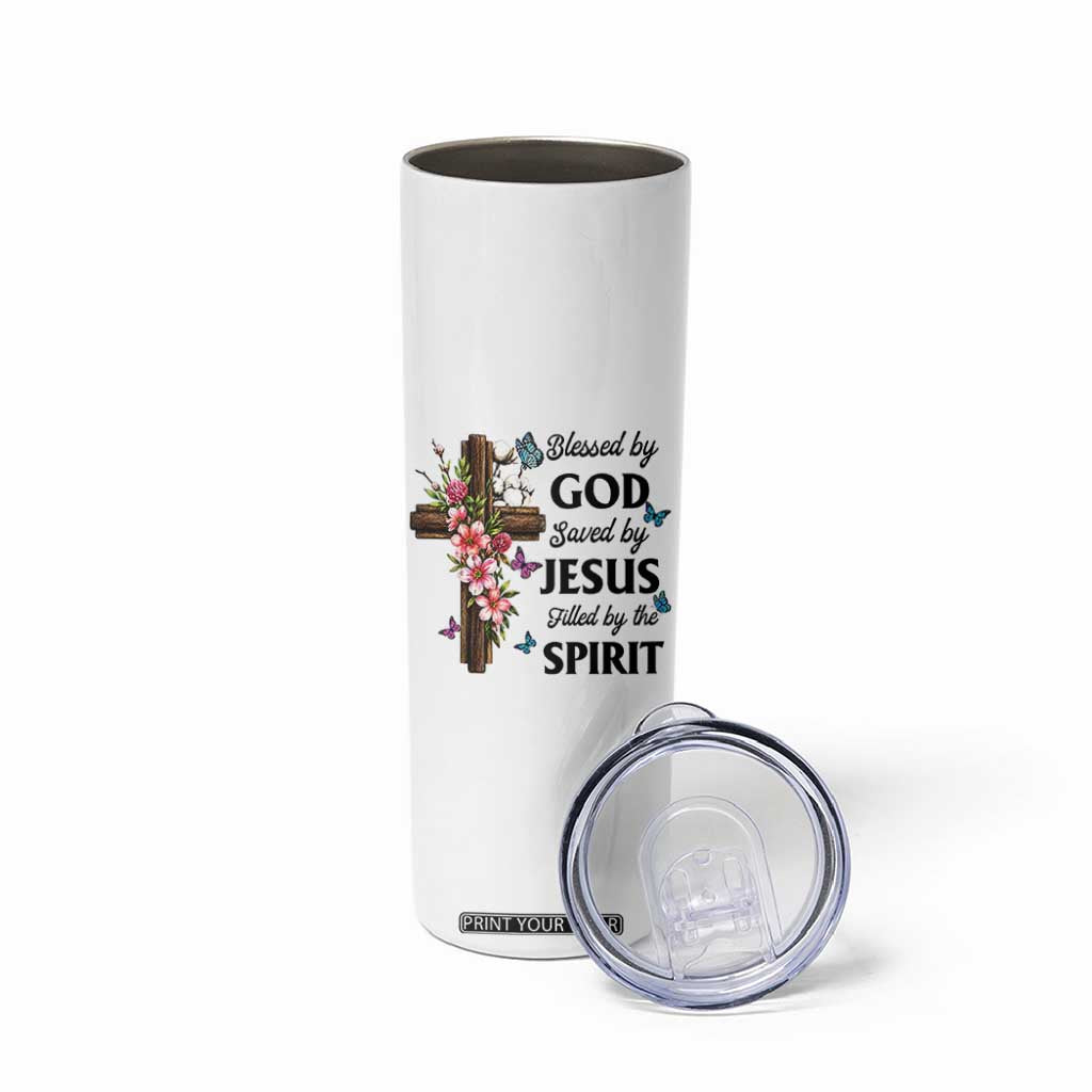 Blessed By God Saved By Jesus Skinny Tumbler Floral Cross Christian Faith Inspirational TS10 Print Your Wear