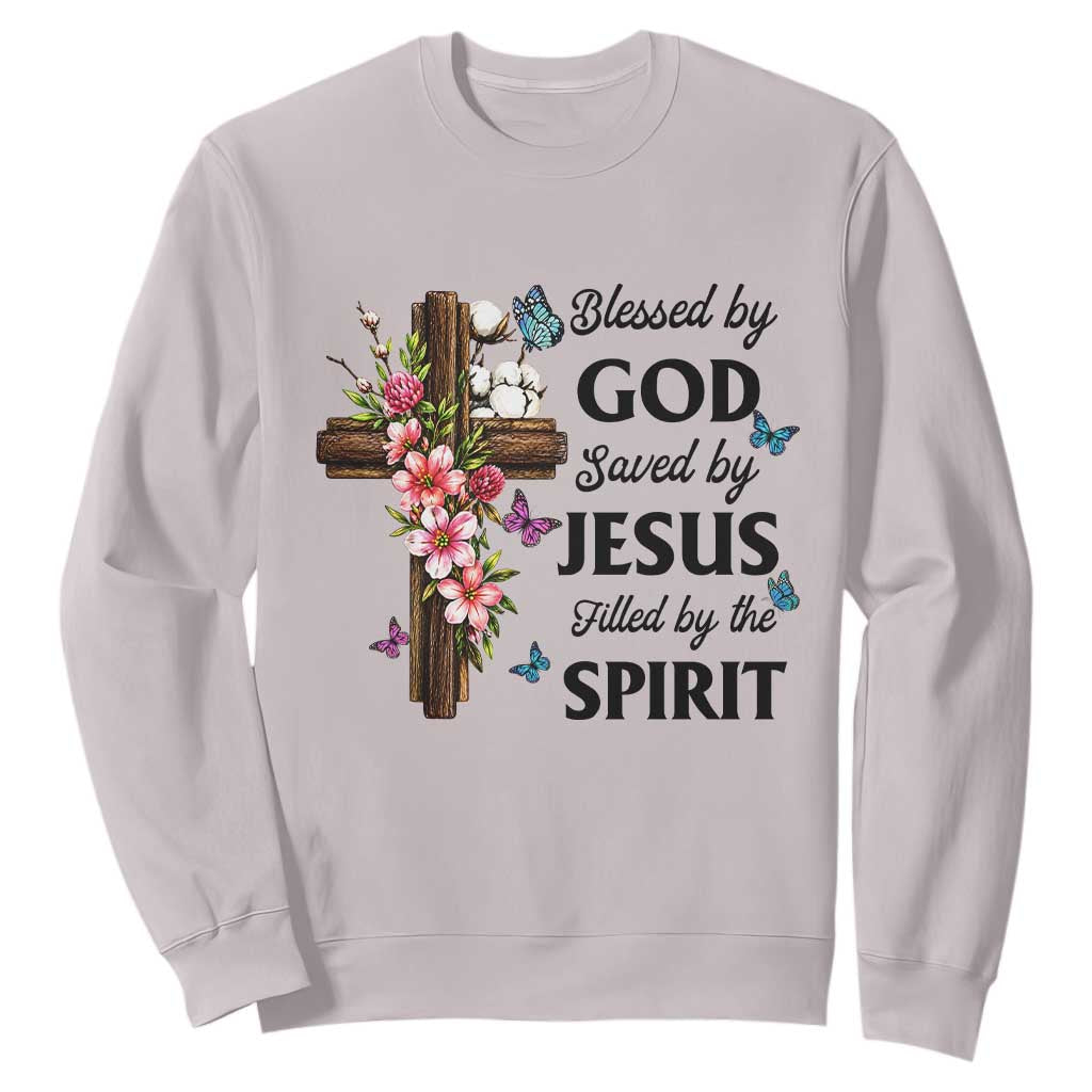 Blessed By God Saved By Jesus Sweatshirt Floral Cross Christian Faith Inspirational TS10 Ice Gray Print Your Wear