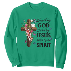 Blessed By God Saved By Jesus Sweatshirt Floral Cross Christian Faith Inspirational TS10 Irish Green Print Your Wear