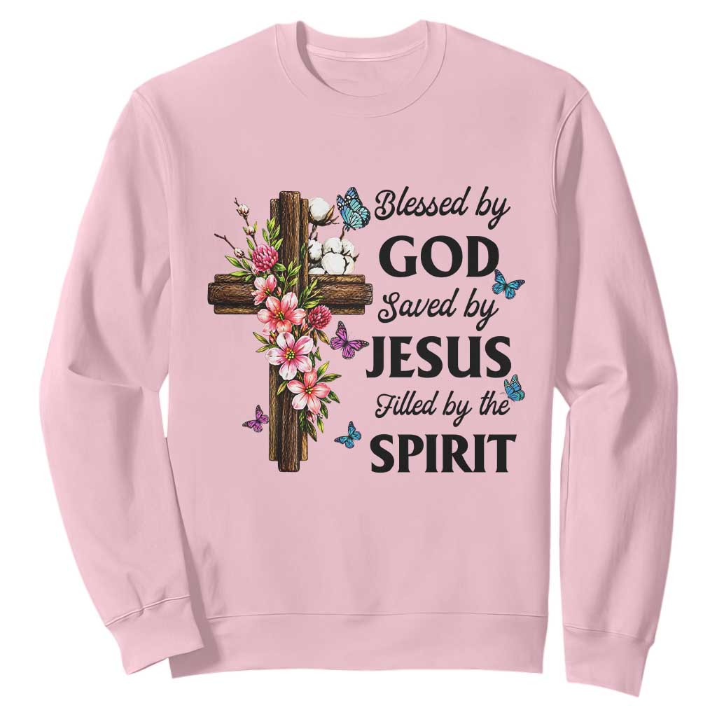 Blessed By God Saved By Jesus Sweatshirt Floral Cross Christian Faith Inspirational TS10 Light Pink Print Your Wear