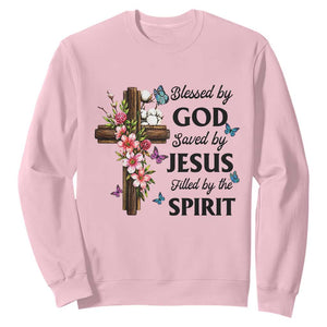 Blessed By God Saved By Jesus Sweatshirt Floral Cross Christian Faith Inspirational TS10 Light Pink Print Your Wear