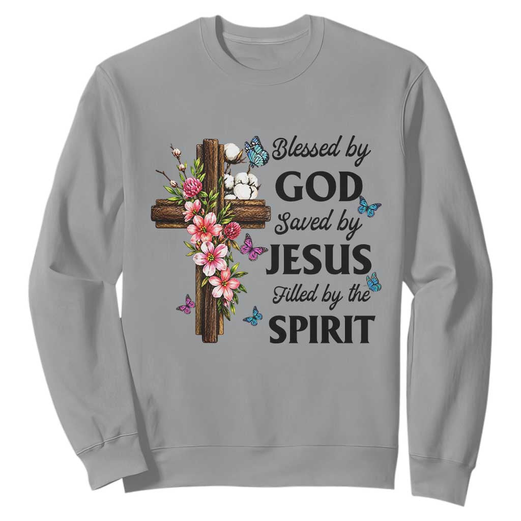 Blessed By God Saved By Jesus Sweatshirt Floral Cross Christian Faith Inspirational TS10 Sport Gray Print Your Wear