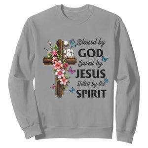 Blessed By God Saved By Jesus Sweatshirt Floral Cross Christian Faith Inspirational TS10 Sport Gray Print Your Wear